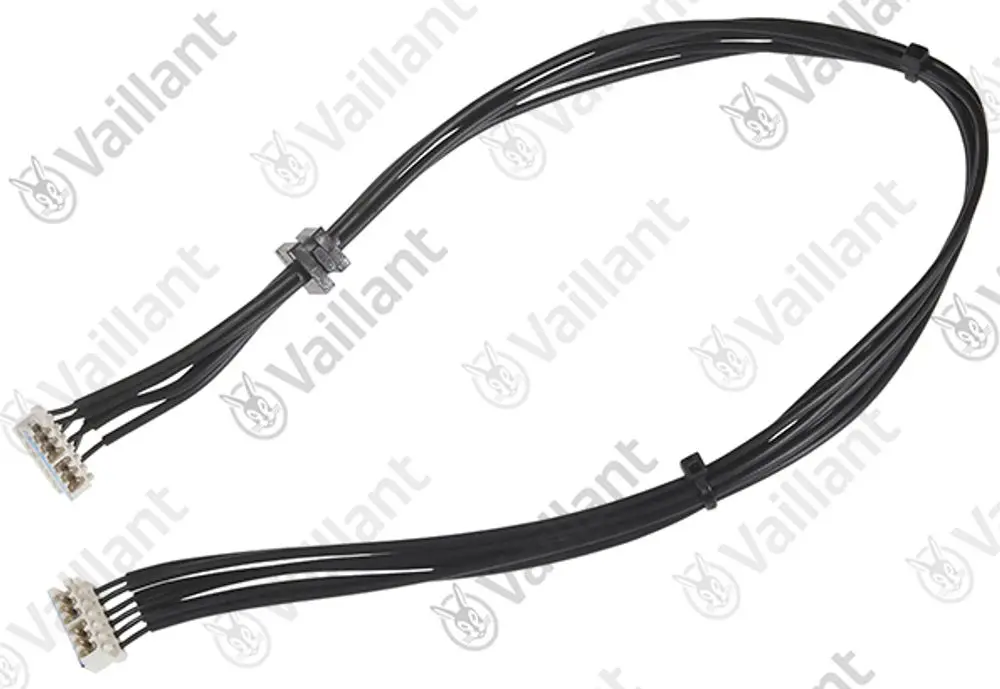 Vaillant Kabelbaum mit mehreren schwarzen Kabeln und Steckverbindern an beiden Enden, zur elektrischen Verbindung in Heizsystemen.